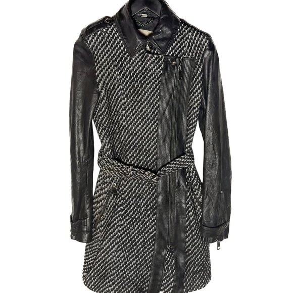 Burberry Black Leather Sleeves Wool Tweed Coat - Picture 1 of 15